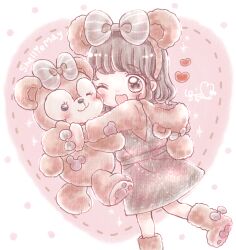 1girl animal_ear_hairband animal_ears animification bear_ear_hairband bear_ears bear_girl bow character_doll character_name doll duffy_and_friends fake_animal_ears full_body furry furry_female hairband humanization long_hair long_sleeves mickey_mouse_(symbol) mind_08 pink_theme shelliemay shirt smile solo standing stuffed_animal stuffed_toy yume_kawaii