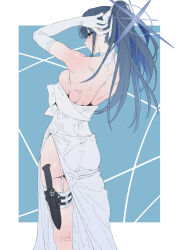 1girl backless_dress backless_outfit bare_back blue_archive dagger dress elbow_gloves from_behind gloves hairdressing halo knife naga-agan saori_(blue_archive) saori_(dress)_(blue_archive) solo standing thigh_strap weapon white_background