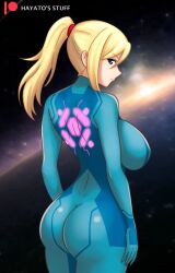 Rule 34 | 1girl, arms at sides, artist name, ass, back, blonde hair, blue bodysuit, blue eyes, bodysuit, breasts, collarbone, covered navel, curvy, dimples of venus, eyelashes, female focus, from behind, hair between eyes, hayato stuff, high ponytail, highres, large breasts, legs, long hair, looking at viewer, looking back, metroid, mole, mole under mouth, nintendo, ponytail, print bodysuit, profile, samus aran, serious, shoulder blades, sideboob, sidelocks, skin tight, space, standing, swept bangs, thighs, turtleneck, turtleneck bodysuit, zero suit
