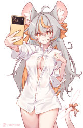 1girl :3 absurdres ahoge animal_ear_fluff animal_ears artist_name breasts cleavage closed_mouth colored_inner_hair eyebrows_hidden_by_hair grey_hair hair_between_eyes highres holding holding_phone long_hair looking_at_viewer medium_breasts mole mole_on_breast mouse_ears mouse_girl mouse_tail multicolored_hair naked_shirt orange_eyes original partially_unbuttoned phone shirt signature simple_background smile soanote solo sparkling_eyes streaked_hair tail very_long_hair white_background white_shirt