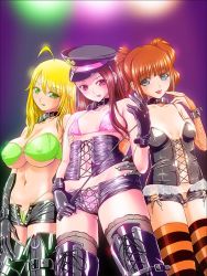 Rule 34 | 3girls, :p, bdsm, bikini, blonde hair, blue eyes, blush, breasts, brown hair, collar, corset, covered erect nipples, cuffs, dominatrix, dutch angle, female focus, gloves, green eyes, hand on breast, hat, hoshii miki, idolmaster, idolmaster (classic), licking lips, long hair, looking at viewer, micro bikini, minase iori, multiple girls, nakano kinzan, navel, peaked cap, purple eyes, riding crop, smile, spotlight, standing, strapless, swimsuit, takatsuki yayoi, thighhighs, tongue, tongue out, twintails