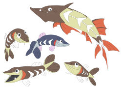 absurdres alternate_color animal_focus arrokuda barraskewda black_eyes evolutionary_line fangs fangs_out fish gen_8_pokemon highres mira_(miramita8727) nintendo no_humans pokemon pokemon_(creature) shiny_and_normal shiny_pokemon simple_background smile white_background
