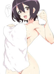 1girl :d armpits black_hair breasts brown_eyes can check_copyright cleavage collarbone copyright_request naked_towel open_mouth original shin&#039;ya_(shin&#039;yanchi) short_hair sideboob simple_background smile solo speech_bubble standing towel wet white_background