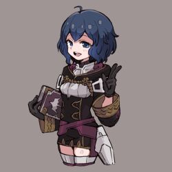 1girl :d ahoge black_gloves blue_eyes blue_hair book breasts brown_background cropped_legs es_(eisis) female_morgan_(fire_emblem) fire_emblem fire_emblem_awakening fire_emblem_heroes gloves highres holding holding_book hood hood_down long_sleeves looking_at_viewer nintendo open_mouth robe short_hair simple_background small_breasts smile solo thighhighs thighs w