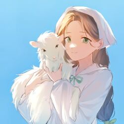 1girl absurdres animal baby_animal blue_background brown_hair closed_mouth green_eyes green_ribbon hands_up headscarf highres holding holding_animal kayla_(reverse:1999) lamb long_hair long_sleeves looking_at_viewer low-tied_long_hair neck_ribbon puffy_long_sleeves puffy_sleeves reverse:1999 ribbon sheep shirt shuiy1003 smile solo upper_body white_headscarf white_shirt