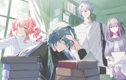 Rule 34 | 2boys, 2girls, alternate costume, anaxa (honkai: star rail), aqua eyes, aqua hair, black pants, black shirt, book, book stack, bookshelf, breasts, castorice (honkai: star rail), casual, closed eyes, curtains, exhausted, gradient hair, grey hair, grin, half-closed eyes, highres, holding, holding paper, honkai: star rail, honkai (series), hyacine (honkai: star rail), indoors, looking at another, medium hair, multicolored hair, multiple boys, multiple girls, pants, paper, phainon (honkai: star rail), purple eyes, purple hair, shirt, short hair, sitting, smile, standing, sunlight, teeth, twintails, umenoume, white shirt, yellow pupils