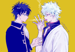 2boys black_hair blue_eyes candy food gintama hair_between_eyes holding holding_candy holding_food holding_lollipop jacket japanese_clothes kimono lollipop long_sleeves looking_at_another male_focus multiple_boys open_clothes qyzhiaiyisheng red_eyes sakata_gintoki shirt short_hair short_sleeves simple_background smoke smoking tongue tongue_out white_hair yaoi yellow_background