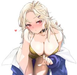 1girl absurdres alternate_costume animal_print bikini bikini_tug black_choker blonde_hair blue_jacket blush breasts choker cleavage collarbone commentary cowboy_shot earrings ein_(nikke) eyelashes gluteal_fold goddess_of_victory:_nikke hair_ornament hairclip heart highres hoop_earrings jacket jewelry kneeling leopard_print leopard_print_bikini long_hair looking_at_viewer medium_breasts o-ring o-ring_choker off_shoulder open_clothes open_jacket parted_bangs parted_lips print_bikini red_eyes simple_background solo swimsuit white_background zenisu