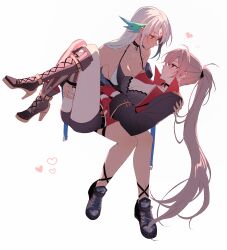 2girls amazuki_jou asymmetrical_footwear azur_lane belt black_belt black_jacket black_ribbon body_markings boots breasts brown_eyes brown_hair carrying cleavage closed_mouth collarbone earrings facial_mark feather_hair_ornament feathers forehead_mark gloves hair_ornament hair_ribbon heart high_heel_boots high_heels highres jacket jean_bart_(azur_lane) jewelry long_hair massachusetts_(azur_lane) multiple_girls ponytail princess_carry red_eyes red_gloves ribbon shoes short_shorts shorts single_thighhigh striped_clothes striped_thighhighs tan thighhighs vertical-striped_clothes vertical-striped_thighhighs white_background white_hair yuri