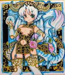 Rule 34 | 1girl, black dress, blue nails, blush stickers, breasts, chinese clothes, cleavage cutout, clothing cutout, commentary request, detached sleeves, dragon girl, dragon tail, dragon wings, dress, elbow cutout, fins, fish tail, flower, gold trim, gradient hair, green eyes, hand on own hip, head fins, highres, holding orb, horns, inoe, leaf, looking at viewer, monster girl, multicolored hair, navel, original, painting (medium), pink flower, pink hair, side slit, small breasts, smirk, solo, stomach cutout, striped tail, tail, tassel, thighhighs, traditional media, watercolor (medium), white footwear, white hair, wings