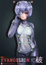 00s 1girl 2009 ayanami_rei bandage_over_one_eye blue_hair blush breasts eyepatch female_focus large_breasts lipstick makeup mecha_pilot_suit navel neon_genesis_evangelion plugsuit_(evangelion) purple_hair rebuild_of_evangelion red_eyes short_hair skin_tight solo test_plugsuit_(evangelion) ukero
