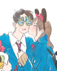 1boy 1girl 2024 backpack bag blazer blue_jacket bow closed_eyes collared_shirt diagonal-striped_clothes diagonal-striped_necktie glasses gomafuki hair_bow hairband hand_on_another&#039;s_neck highres holding_necktie jacket kiss kissing_cheek light_blush minnie_mouse_ears necktie number_glasses open_mouth original red_bow red_necktie school_uniform shirt simple_background striped_clothes upper_body white_background white_shirt