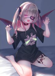 Rule 34 | 1girl, :d, animal print, backlighting, bare legs, barefoot, belt collar, black shirt, blue ribbon, blunt bangs, claw pose, collar, collarbone, colored inner hair, drill hair, eyepatch, fang, full body, grey hair, hair intakes, hair ribbon, heart, leg tattoo, long hair, looking at viewer, makaino ririmu, multicolored hair, nail polish, nijisanji, open mouth, pink eyes, pink hair, pointy ears, print shirt, rabbit print, red collar, ribbon, shirt, short sleeves, sidelocks, single off shoulder, sitting, smile, solo, streaked hair, stuffed animal, stuffed rabbit, stuffed toy, suzuho hotaru, t-shirt, tattoo, two side up, virtual youtuber, winged heart tattoo