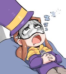 1girl a_hat_in_time ahegao bean_bag_chair brown_hair cape commentary english_commentary grey_pants hat hat_kid jacket long_hair long_sleeves meme_attire open_mouth own_hands_together pants ponytail purple_hat purple_jacket sleep_mask sleeping solo spicy_bardo top_hat yellow_cape zipper_pull_tab zzz