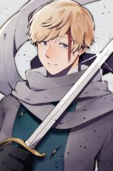 1boy axis_powers_hetalia bandaged_neck bandages black_gloves blonde_hair blood blood_on_face buttons closed_mouth commentary_request floating_clothes fu_tooon gloves grey_background grey_jacket grey_scarf hand_up highres holding holding_sword holding_weapon jacket long_sleeves looking_at_viewer male_focus military_jacket military_uniform purple_eyes russia_(hetalia) scarf short_hair simple_background smile solo sparkle sword upper_body weapon