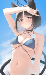 1girl absurdres animal_ear_fluff animal_ears bare_arms bare_shoulders bikini black_choker black_eyes black_hair black_nails blue_archive blue_bikini blush breasts cat_ears cat_girl cat_tail choker cleavage eryuhe gradient_tail highres kikyou_(blue_archive) kikyou_(swimsuit)_(blue_archive) looking_at_viewer multiple_tails navel official_alternate_costume parted_bangs parted_lips short_hair solo stomach sweat swimsuit tail two_tails