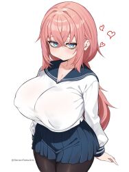 Rule 34 | 1girl, absurdres, artist name, black pantyhose, blue eyes, blue sailor collar, blue skirt, breasts, cleavage, commentary request, covered erect nipples, cow, harutoyumaarts, heart, highres, huge breasts, long hair, long sleeves, looking at viewer, michinoku komaro, no dickey, pantyhose, pink hair, pleated skirt, sailor collar, school uniform, seitokai ni mo ana wa aru!, serafuku, shirt, simple background, skirt, solo, twitter username, white background, white shirt