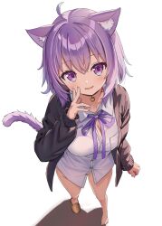 1girl animal_ear_fluff animal_ears black_cardigan black_collar cardigan cat_ears cat_girl cat_tail collar collared_shirt highres hololive looking_at_viewer nail_polish neck_ribbon nekomata_okayu nekomata_okayu_(oversized_shirt) official_alternate_costume purple_eyes purple_hair purple_nails purple_ribbon ribbon shirt short_hair smile solo tail tooo88 virtual_youtuber white_shirt