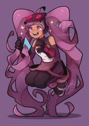 1girl absurdly_long_hair bare_shoulders breasts commentary dark_skin dated english_commentary entrapta excited full_body gloves highres long_hair open_mouth prehensile_hair purple_background purple_hair red_eyes sandragh she-ra_and_the_princesses_of_power signature simple_background smile solo sparkle twintails twitter_username very_long_hair watermark welding_mask