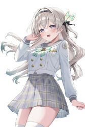 Rule 34 | 1girl, black hairband, blush, bow, bowtie, breasts, buttons, cowboy shot, double-breasted, firefly (honkai: star rail), firefly (spring missive) (honkai: star rail), green bow, green bowtie, green pupils, grey hair, grey sailor collar, grey skirt, hairband, hand up, highres, honkai: star rail, honkai (series), long hair, looking at viewer, medium breasts, mochiko (uyu omochi), multicolored eyes, official alternate costume, open mouth, plaid bow, plaid bowtie, plaid clothes, plaid skirt, purple eyes, sailor collar, shirt, simple background, skirt, solo, thighhighs, two-tone eyes, white background, white shirt, white thighhighs