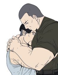2boys bara buzz_cut character_request comforting couple from_side grey_tank_top happyyakuza hug large_pectorals majima_goro male_focus mature_male multiple_boys muscular muscular_male mutual_hug pectorals profile ryuu_ga_gotoku_(series) short_hair tank_top thick_eyebrows upper_body very_short_hair yaoi