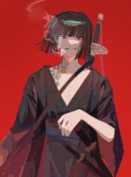 1girl black_hair black_kimono cigarette hand_on_sheath highres hsh7955 japanese_clothes kimono limbus_company long_sleeves looking_at_viewer open_mouth project_moon red_background red_eyes ryoshu_(project_moon) scar scar_on_face short_hair shoulder_tattoo smile smoking solo tattoo unsheathed