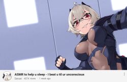 Rule 34 | 1girl, black nails, bodysuit, breasts, ceiling light, clenched hand, dasdokter, english text, fake screenshot, glasses, gloves, grey bodysuit, grey hair, indie virtual youtuber, medium breasts, partially fingerless gloves, red eyes, saruei (vtuber), scar, scar across eye, scar on face, second-party source, solo, virtual youtuber