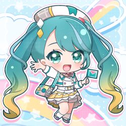 1girl aqua_hair blonde_hair chibi chibi_only deformed flag full_body gradient_hair hatsune_miku highres holding holding_flag jacket light_blush magical_mirai_(vocaloid) magical_mirai_miku magical_mirai_miku_(2024) multicolored_hair open_mouth smile solo two-tone_hair umiyuki_(umi_chu) vocaloid waving white_jacket
