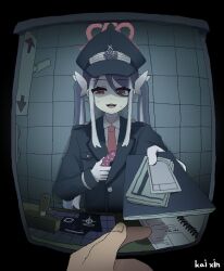 1girl 1other absurdres blue_archive blue_hair donut food fubuki_(blue_archive) giving halo hat highres indoors kai_xin necktie papers papers_please passport police police_hat police_uniform policewoman red_eyes red_halo schale_logo