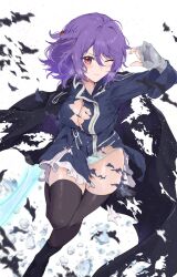 1girl aqua_panties black_cape black_footwear black_thighhighs blush breasts cape cleavage commentary_request commission exploding_clothes fault gloves grey_gloves large_breasts leg_up looking_at_viewer one_eye_closed panties partially_fingerless_gloves purple_hair red_eyes ritona_reighnvhasta short_hair skeb_commission skirt solo thighhighs torn_cape torn_clothes torn_skirt underwear white_skirt yuuri_(orz_commushows)