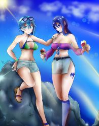 2girls asada_shino bare_shoulders bikini blue_eyes blue_hair breasts cleavage crossover fairy_tail female_focus flatpancakesjim food hand_on_own_hip highres ice_cream juvia_lockser large_breasts medium_breasts multiple_girls nail_polish ocean outdoors sandals shorts sinon skirt summer sunglasses sunglasses_on_head sunlight swimsuit sword_art_online thick_thighs thighs