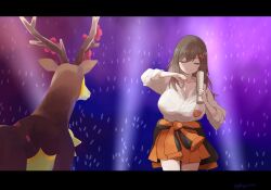 1girl antlers apple_hair_ornament artist_name breasts brown_hair buttons clenched_hand closed_eyes clothes_around_waist commentary creatures_(company) dancing flower food-themed_hair_ornament game_freak gen_5_pokemon glassy0302 glowstick hair_ornament highres holding holding_paper horns huge_breasts jacket jacket_around_waist kuraishi_ringo_(glassy0302) letterboxed long_hair looking_at_another meme miniskirt naranja_academy_school_uniform nintendo orange_jacket orange_skirt original paper pink_flower pleated_skirt pokemon pokemon_(creature) pokemon_sv sawsbuck sawsbuck_(spring) school_uniform shikairo_days_dance_(meme) shikanoko_nokonoko_koshitantan shirt shirt_tucked_in skirt sleeves_rolled_up smile standing twitter_username white_shirt