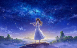 1girl above_clouds absurdres au_ito backlighting barefoot brown_hair closed_eyes cloud collarbone commentary_request dress floating_clothes floating_hair flute forest hands_up highres holding holding_flute holding_instrument horizon instrument ledge long_hair milky_way music nature night night_sky original playing_flute playing_instrument rock scenery sky sleeveless sleeveless_dress solo standing star_(sky) starry_sky straight-on straight_hair sunrise valley white_dress wide_shot wind wispy_bangs