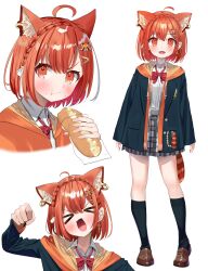 &gt;_&lt; 1girl :d :t ahoge animal_ear_fluff arm_up black_jacket black_socks blush bow braid bread brown_shoes clenched_hand closed_eyes closed_mouth collared_shirt commentary_request crown_braid drawstring dress_shirt ear_piercing eating food food_on_face grey_skirt hair_between_eyes hair_ornament head_tilt highres holding holding_food hood hood_down hooded_jacket jacket k_mugura loafers long_sleeves multiple_views nijisanji open_clothes open_jacket open_mouth orange_eyes orange_hair orange_jacket piercing plaid_clothes plaid_skirt pleated_skirt ratna_petit red_bow red_panda_ears red_panda_girl red_panda_tail school_uniform shirt shoes simple_background skirt sleeves_past_wrists smile socks striped_tail tail v-shaped_eyebrows virtual_youtuber white_background white_shirt xd
