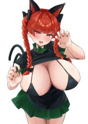 1girl absurdres animal_ears black_skirt blunt_bangs blush braid breasts cat_ears cat_girl cat_tail cleavage clothes_lift commentary_request extra_ears fang highres huge_breasts kaenbyou_rin long_hair looking_at_viewer multiple_tails nekomata open_mouth paw_pose red_eyes red_hair red_nails shinonome_zakuro shirt_lift side_braids simple_background skin_fang skirt solo tail touhou twin_braids two_tails variant_set white_background