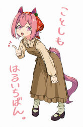 1girl :d absurdres animal_ears appleq black_shoes blush brown_dress brown_shoes check_translation commentary_request double_bun dress flower-shaped_pupils frilled_dress frills full_body grey_background grey_socks hair_bun hand_up haru_urara_(umamusume) headscarf highres horse_ears horse_girl horse_tail index_finger_raised leaning_forward long_sleeves looking_at_viewer notice_lines open_mouth pink_eyes pink_hair puffy_long_sleeves puffy_sleeves shoes simple_background sleeveless sleeveless_dress smile socks solo standing symbol-shaped_pupils tail translation_request umamusume