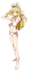 1girl absurdres bare_legs barefoot bikini blonde_hair bow breasts closed_mouth full_body green_eyes hair_bow hair_lift highres hoshii_miki idolmaster idolmaster_(classic) katsu_(kana) long_hair looking_at_viewer navel simple_background smile solo standing swimsuit white_background white_bikini white_bow white_wrist_cuffs wrist_cuffs