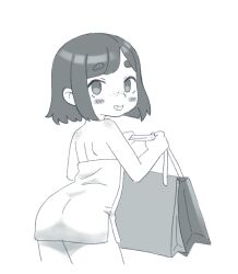 Rule 34 | 1girl, bag, bare shoulders, blush, body freckles, cowboy shot, female focus, freckles, from behind, highres, holding, holding bag, looking at viewer, looking back, monochrome, naked towel, original, qtkat, short hair, shoulder blades, sidelocks, simple background, smile, solo, teeth, thighs, towel, white background