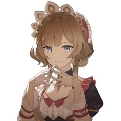1girl absurdres blonde_hair blue_eyes blunt_bangs chinese_commentary closed_mouth commission detached_collar dress frilled_dress frills genshin_impact gloves hands_up headdress highres juliet_sleeves light_particles light_smile long_sleeves looking_at_viewer looking_to_the_side multicolored_dress own_hands_together puffy_sleeves sandrone_(genshin_impact) shade shaded_face short_hair simple_background solo upper_body wavy_hair white_background white_gloves wide_sleeves xinjinjumin446902792993