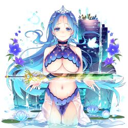 1girl bare_shoulders blue_butterfly blue_dress blue_eyes blue_flower blue_hair blue_theme blush braid breasts bug butterfly butterfly_hair_ornament center_opening cleavage closed_mouth collarbone cowboy_shot dress earrings facial_mark fairy flower forehead_jewel forehead_mark fountain giuniu gluteal_fold groin hair_ornament halterneck harp hydrangea ice insect instrument jewelry large_breasts lily_pad long_hair looking_at_viewer navel necklace non-web_source parted_bangs pointy_ears rainbow revealing_clothes see-through_clothes smile solo sparkle standing swimsuit tattoo thigh_gap transparent_background uchi_no_hime-sama_ga_ichiban_kawaii very_long_hair vivienne_(uchi_no_hime-sama_ga_ichiban_kawaii) wading water water_drop wet white_background