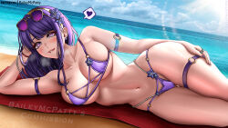 1girl artist_name baileymcpatty bare_shoulders beach beach_mat bikini biting_own_lip blue_sky bracelet breasts collarbone commentary commission english_commentary eyewear_on_head genshin_impact heart jewelry large_breasts long_hair looking_at_viewer lying navel ocean on_side outdoors purple_bikini purple_eyes purple_hair purple_nails raiden_shogun sand sky solo spoken_heart stomach sunglasses swimsuit thigh_strap