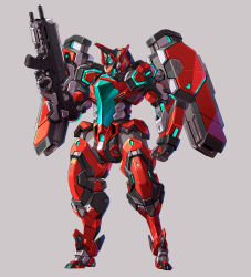 bad_id bad_twitter_id clenched_hand grey_background gun highres holding holding_gun holding_weapon joints looking_down mecha no_humans original robot robot_joints solo standing taedu visor weapon