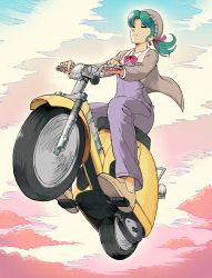 1girl bike_horn closed_eyes closed_mouth cloud cloudy_sky coat dress driving earrings flying giganticbuddha green_hair hair_ribbon hatsuseno_alpha highres jewelry jumpsuit motion_blur motor_vehicle pink_ribbon ponytail ribbon scooter short_hair sky smile vespa yokohama_kaidashi_kikou