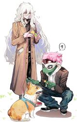 2boys boku_no_hero_academia brown_coat closed_mouth coat dog full_body green_scales highres long_hair male_focus multiple_boys open_mouth pink_hair red_eyes shiba_inu shigaraki_tomura simple_background smile spinner_(boku_no_hero_academia) squatting teeth white_background white_hair wusi444