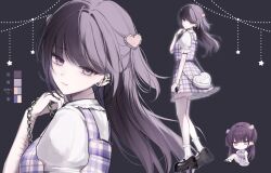 1girl absurdres bag bare_legs black_shoes bow chain checkered_clothes checkered_dress chibi closed_mouth collar color_guide commentary dress ear_bow earrings floating_hair frilled_collar frilled_dress frilled_sleeves frills from_side grey_background hair_ornament handbag heart heart-shaped_bag heart_hair_ornament highres jewelry kumo_tabetai long_hair looking_at_viewer multicolored_dress multiple_views original purple_dress purple_eyes purple_hair shirt shoes short_sleeves simple_background socks solo standing white_bag white_dress white_shirt white_socks