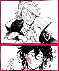 2boys blush closed_eyes collared_shirt cropped_shoulders curly_hair dante_alighieri_(fate) facepaint facing_another fate/grand_order fate_(series) greyscale grin hair_between_eyes high_collar highres james_moriarty_(ruler)_(fate) long_sleeves male_focus monochrome multiple_boys necktie nikoxnikoxmark parted_lips shirt short_hair simple_background smile sweater teeth waving white_background