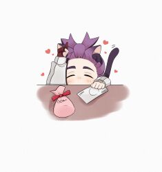 1boy animal_ears arm_up banknote black_hair blush chigiri_(_chigiri_) closed_eyes commentary_request creatures_(company) facing_viewer game_freak gloves heart highres holding holding_money kieran_(pokemon) male_focus money multicolored_hair nintendo partially_fingerless_gloves pokemon pokemon_sv purple_hair red_gloves sack single_glove solo tail two-tone_hair white_background