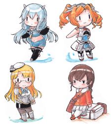 4girls ascot bag black_legwear black_skirt blonde_hair blue_dress blue_eyes blue_hair blue_skirt boots braid brown_hair chibi commentary_request crop_top dress drill_hair fake_horns glasses gradient_ascot gradient_neckwear hat headgear highres honolulu_(kancolle) hood hooded_jacket horned_headwear horns i-203_(kancolle) jacket kantai_collection light_blue_hair long_hair machinery messenger_bag midriff military military_uniform multiple_girls neckerchief northampton_(kancolle) orange_eyes orange_jacket overskirt pantyhose peaked_cap pencil_skirt pleated_dress pleated_skirt poipoi_purin sailor_collar shoulder_bag sidelocks single_braid skirt sleeveless souya_(kancolle) standing suitcase thigh_boots thighhighs toeless_footwear traditional_media twin_drills twintails white_headwear white_legwear white_neckerchief white_sailor_collar white_skirt |_| ||_||