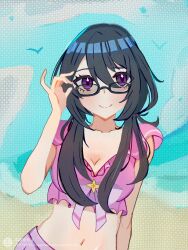 Rule 34 | 1girl, adjusting eyewear, beach, bikini, black hair, glasses, hand on eyewear, highres, noge tomoko, persona, persona 5, persona 5: the phantom x, pink bikini, purple eyes, swimsuit, user xmuw4354