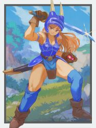 1girl armlet armor armpits belt blue_armor blue_thighhighs boots breasts brown_gloves brown_hair closed_mouth daisy_(dq) dragon_quest dragon_quest_yuusha_abel_densetsu fake_horns full_body gem gloves grass helmet highres horned_helmet horns jewelry long_hair looking_at_viewer naritate_zombie smile solo thighhighs tree
